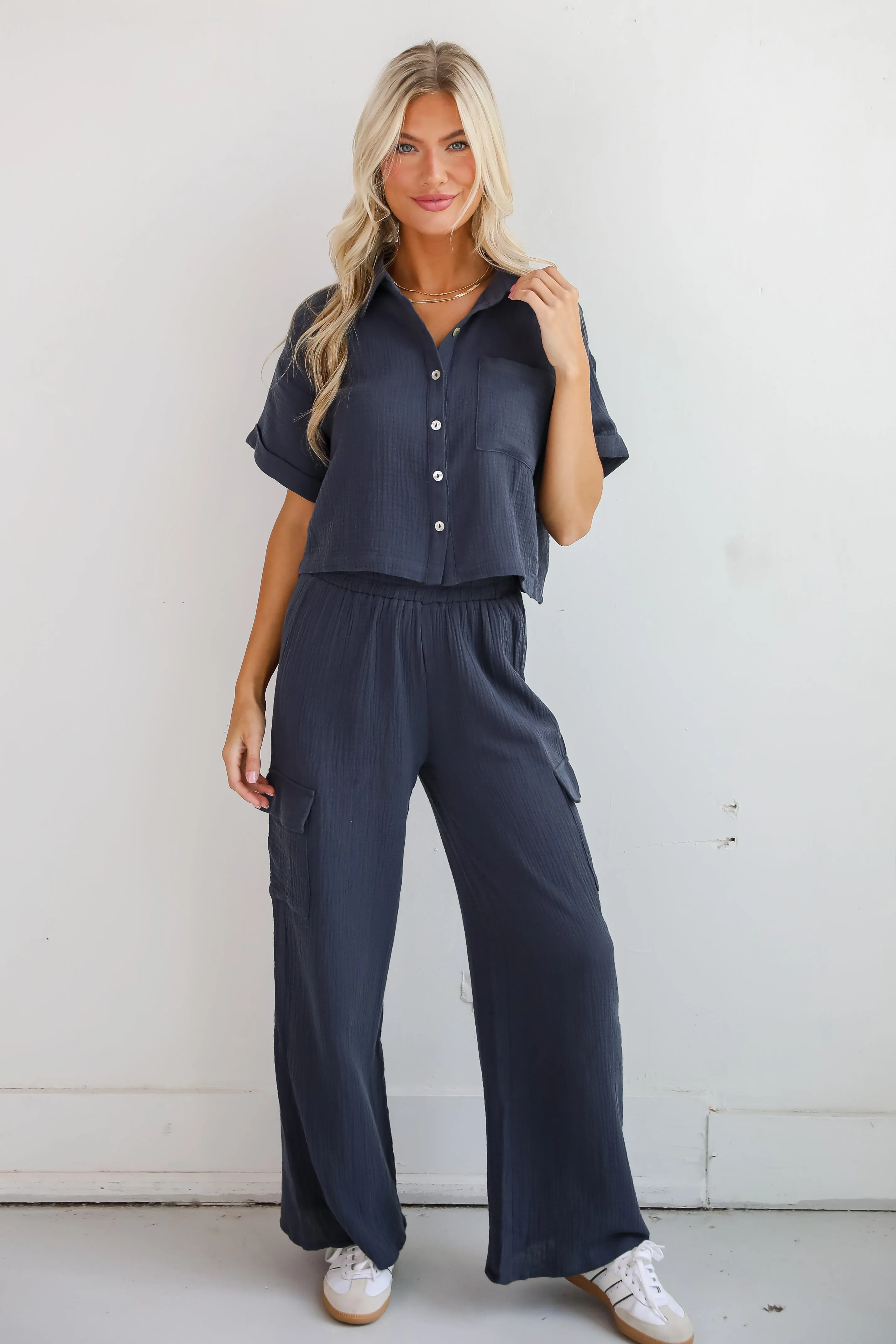 FINAL SALE - Too Perfect Charcoal Linen Cargo Pants