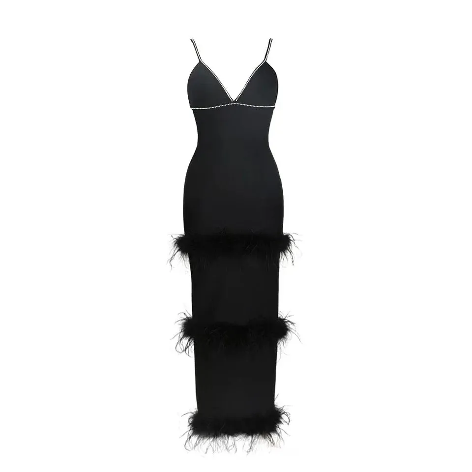 Fuzzy Edging Rhinestone Decor Maxi Bodycon Dress