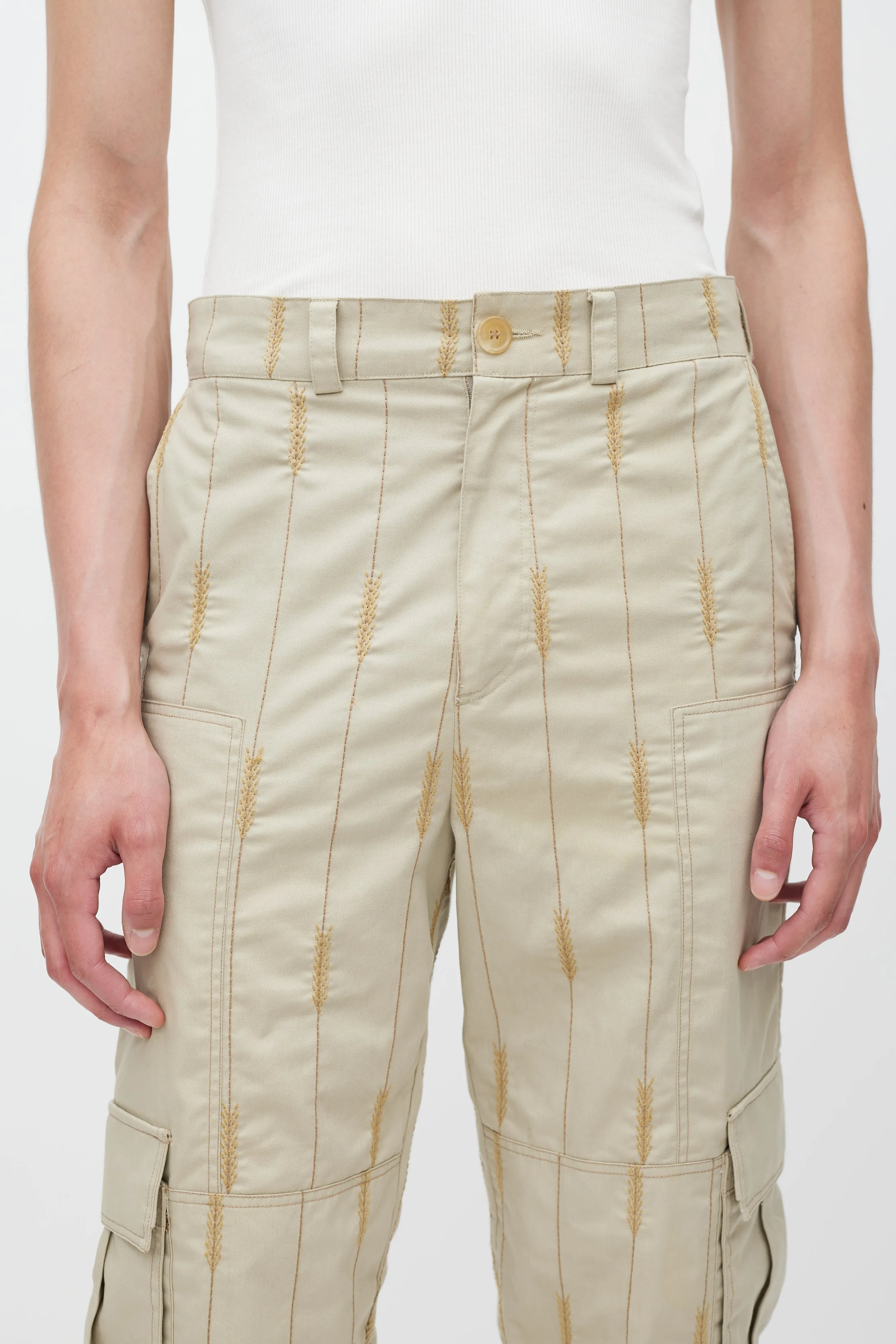 FW 2019 Le Meunier Beige Embroidered Cargo Pant