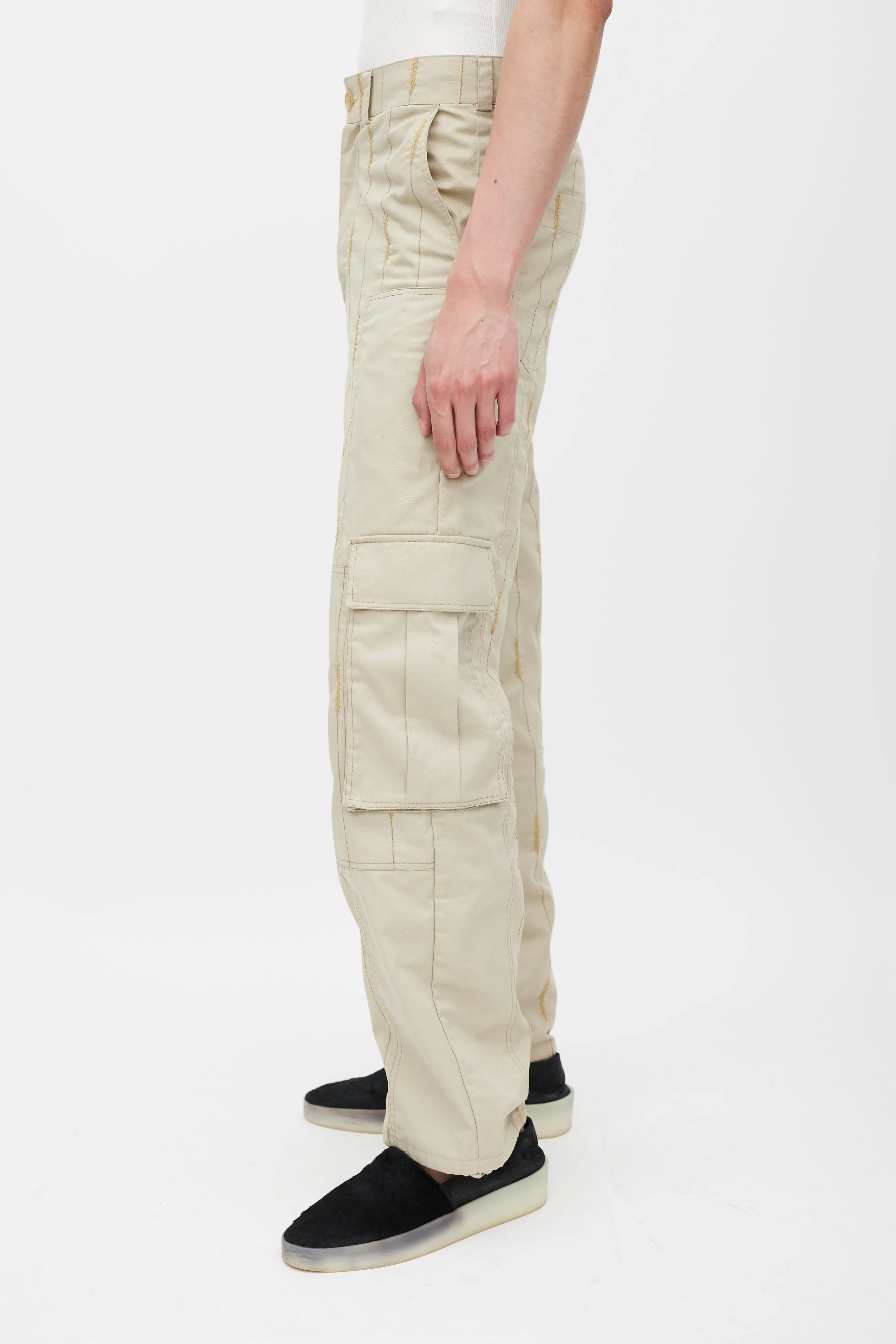 FW 2019 Le Meunier Beige Embroidered Cargo Pant