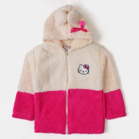 Girls Sherpa Jacket Cartoon Face Print - White Pink