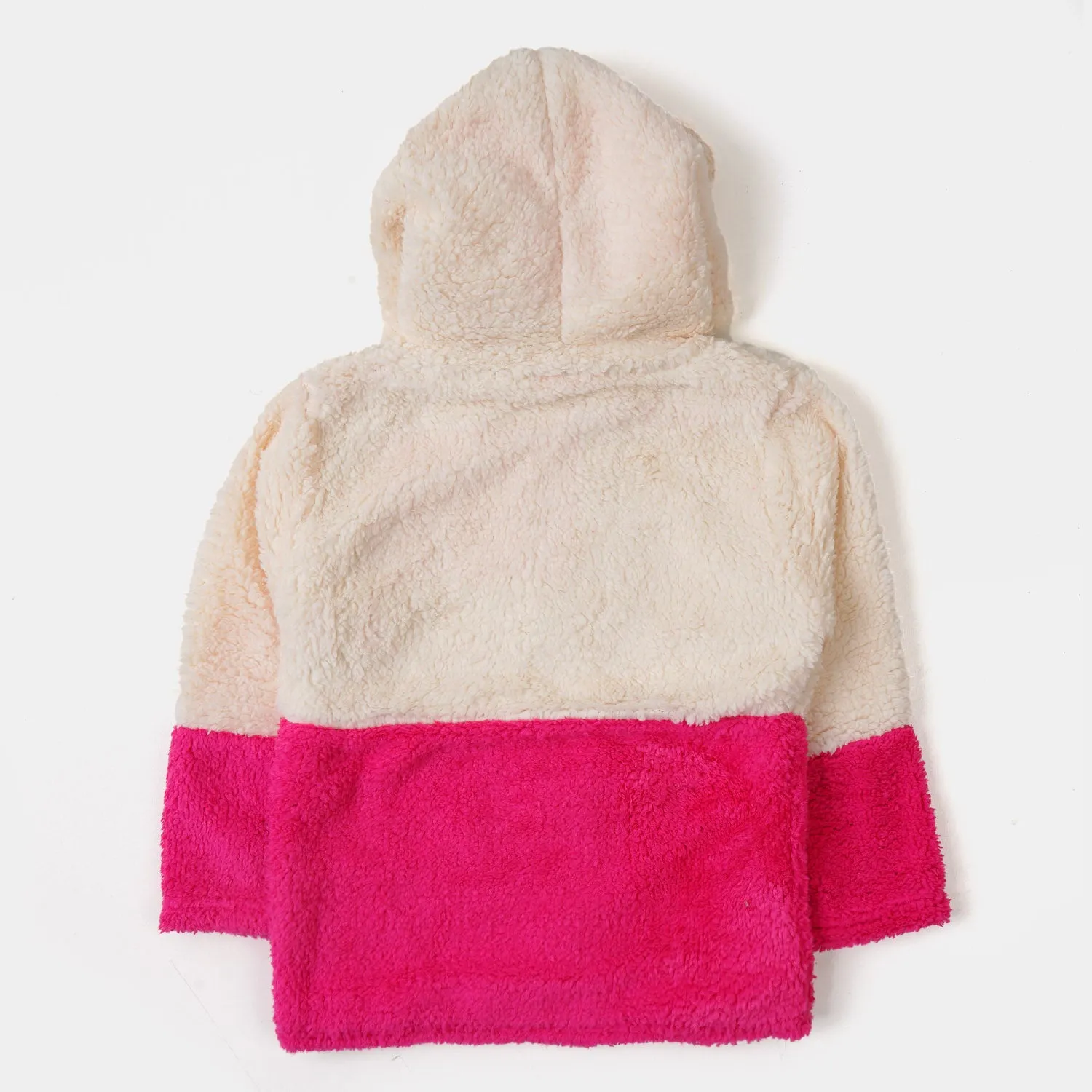 Girls Sherpa Jacket Cartoon Face Print - White Pink
