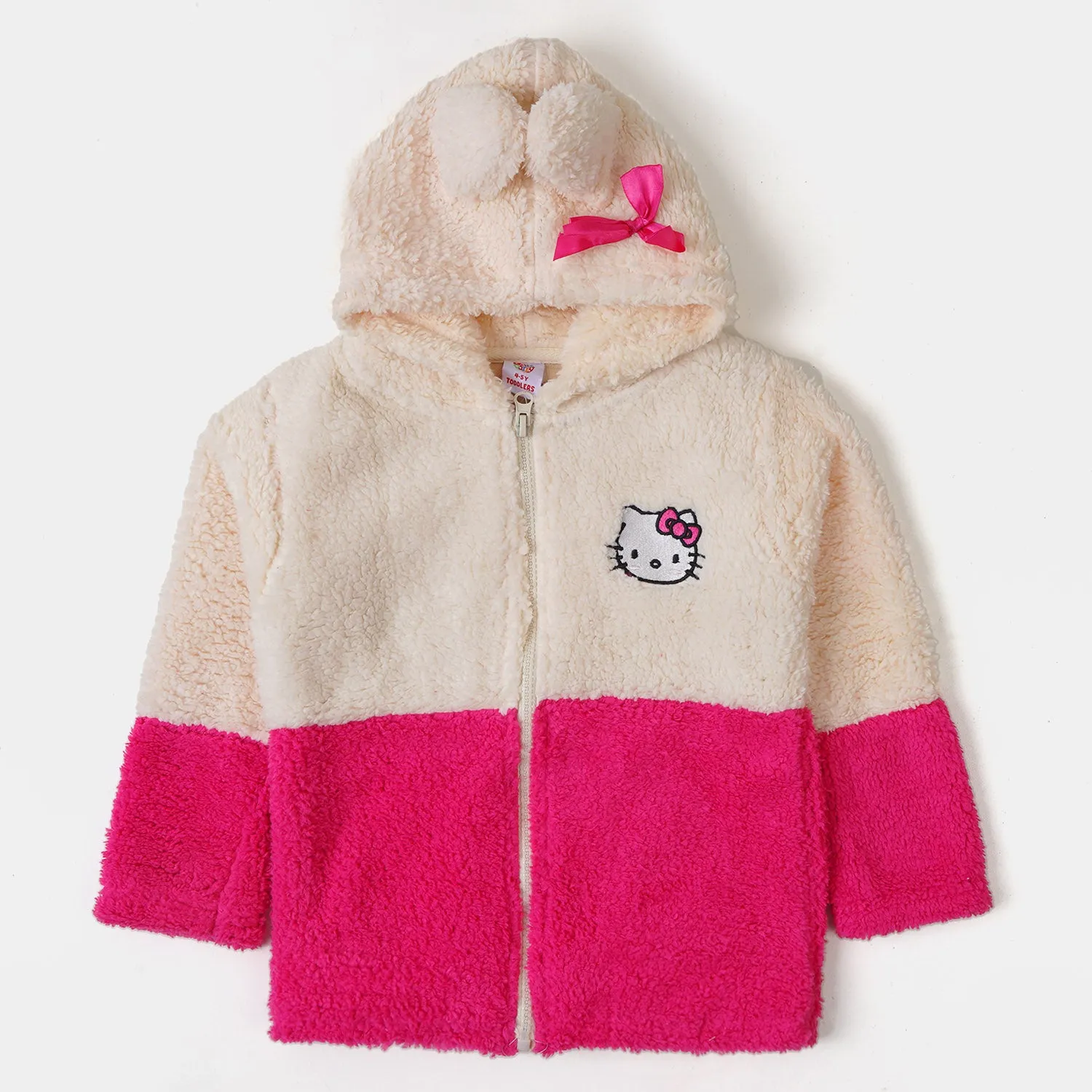 Girls Sherpa Jacket Cartoon Face Print - White Pink