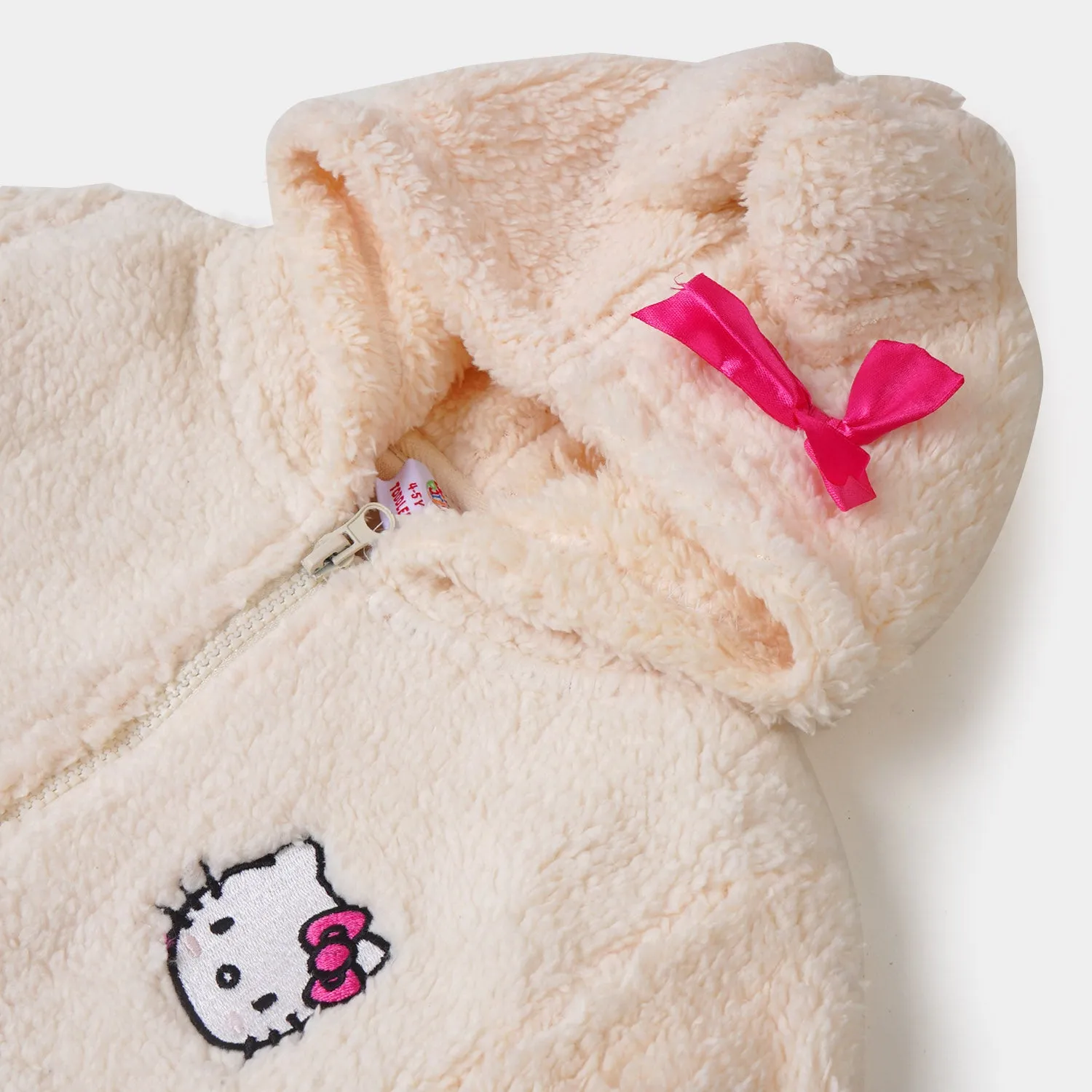 Girls Sherpa Jacket Cartoon Face Print - White Pink