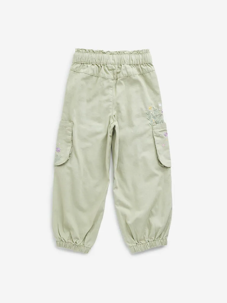 HOP Kids Light Sage Floral Embroidered High-Rise Cotton Joggers