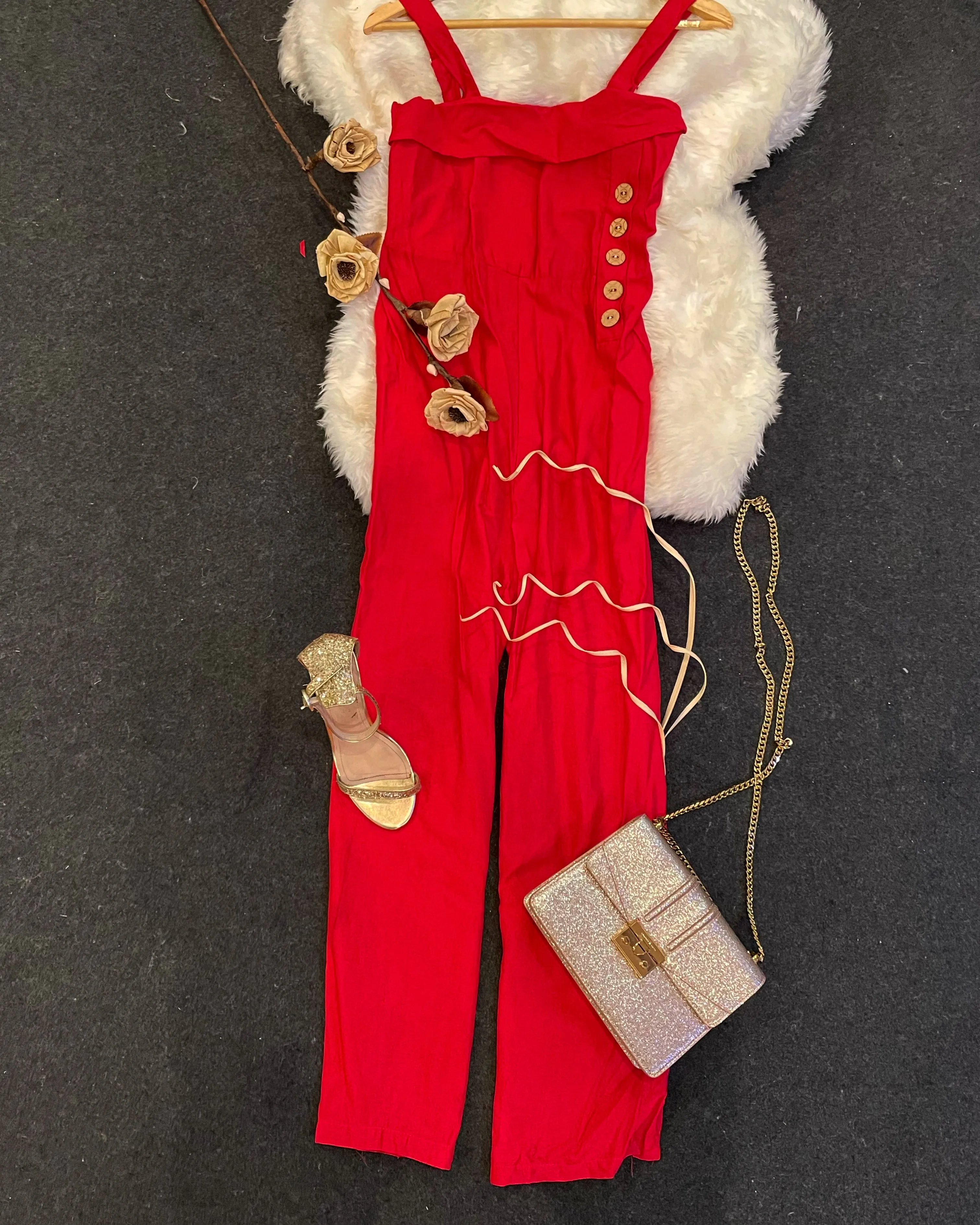 Hot Red Jumpsuit With Side Buttons.