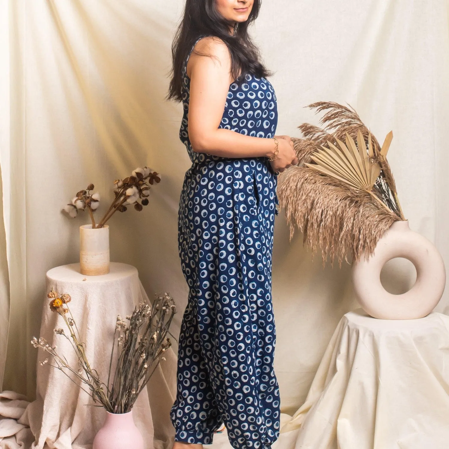 Indigo Polka Blockprint Jumpsuit