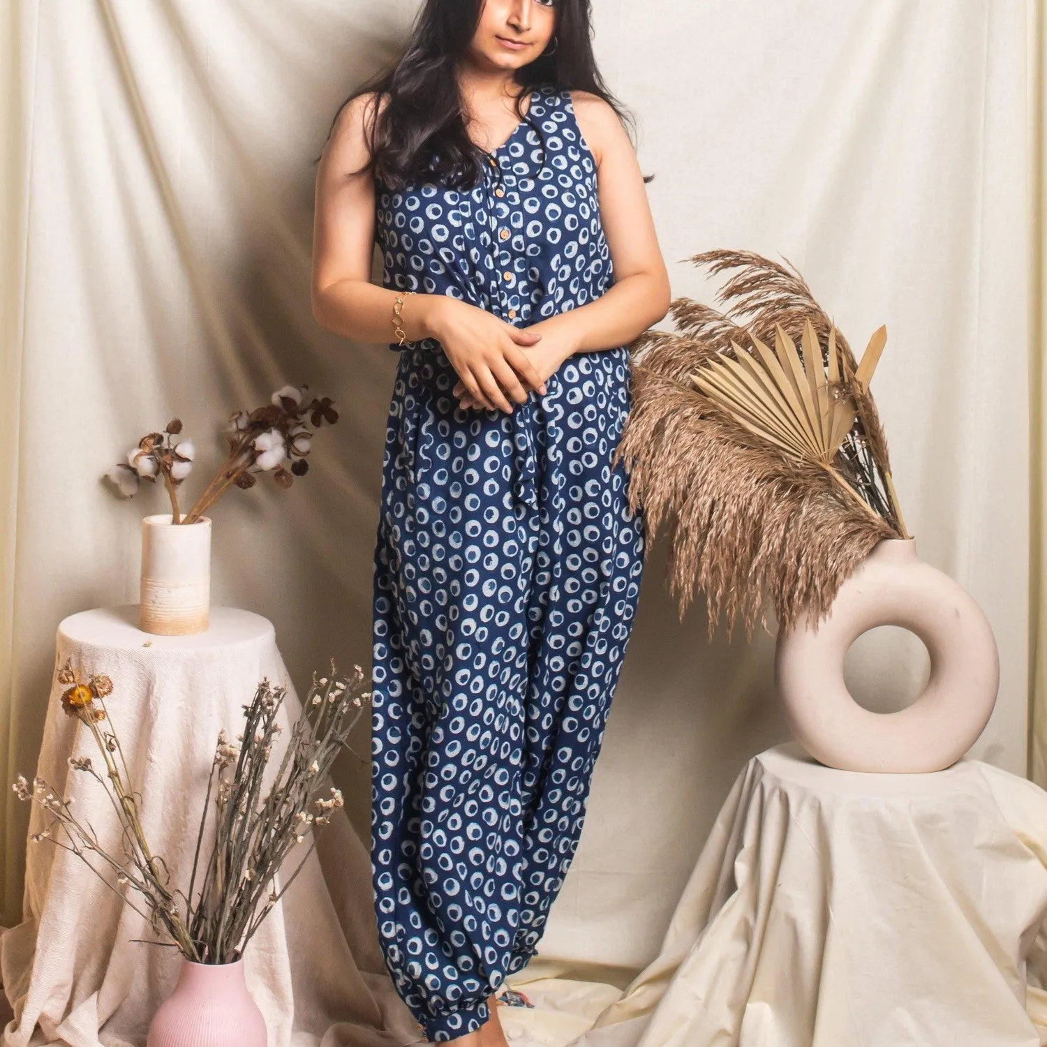 Indigo Polka Blockprint Jumpsuit
