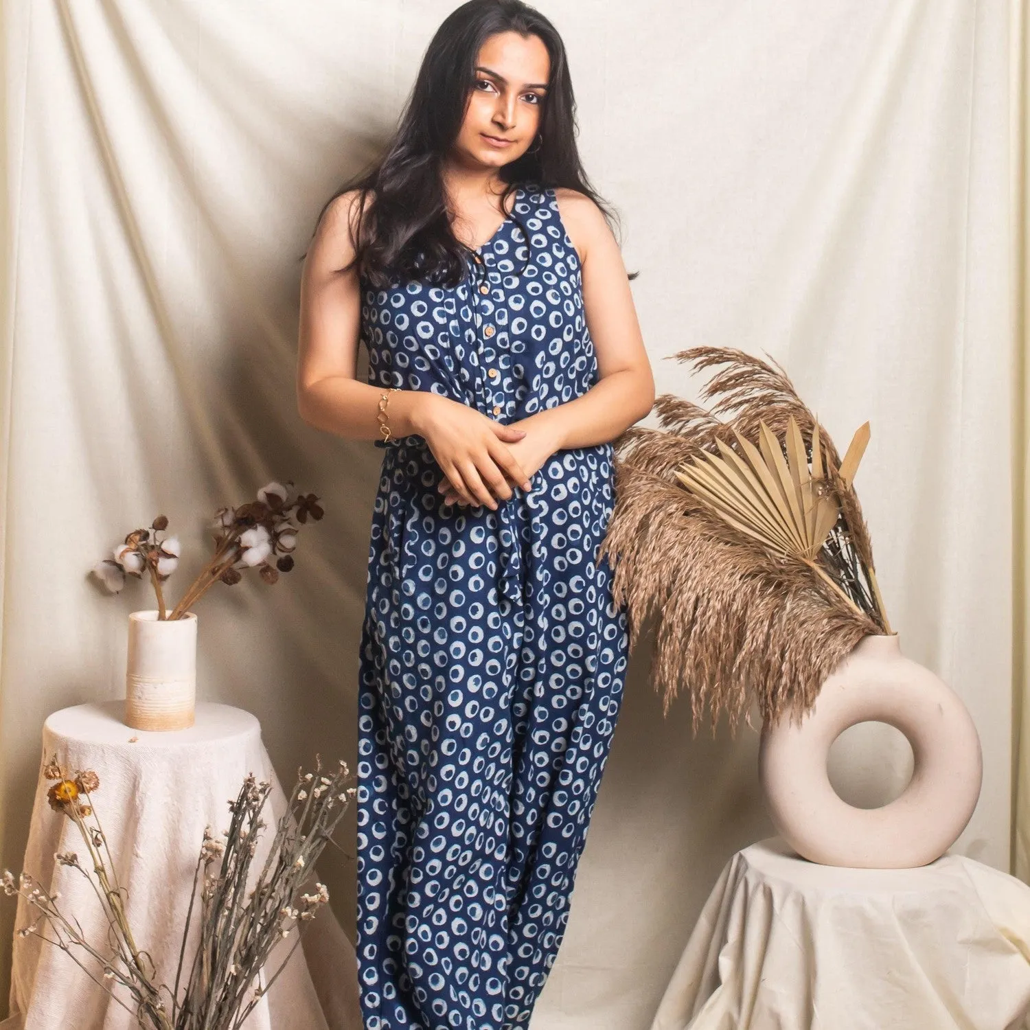 Indigo Polka Blockprint Jumpsuit