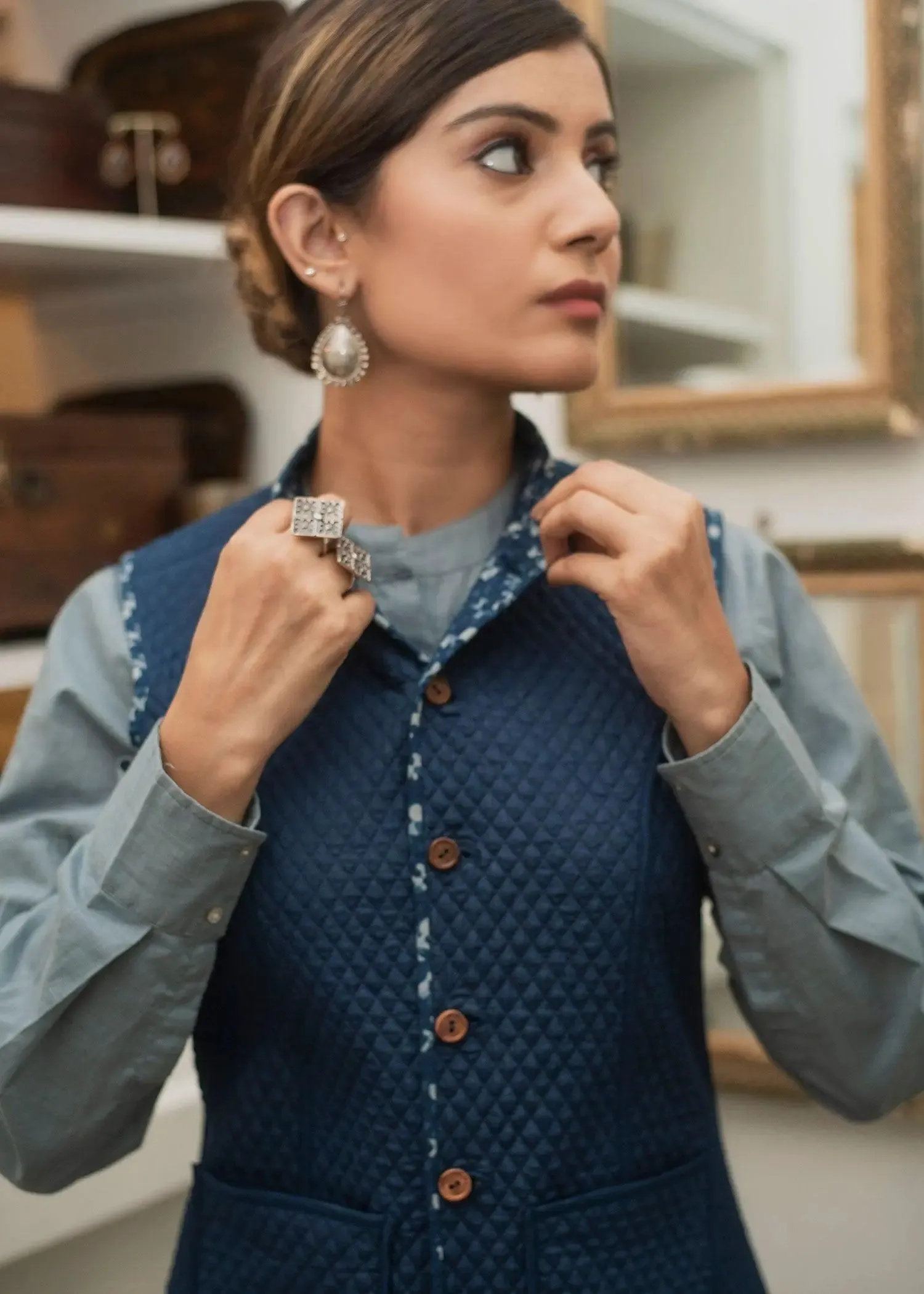 Jumping Indigo Cotton Quilted Reversible Sleeveless Jacket