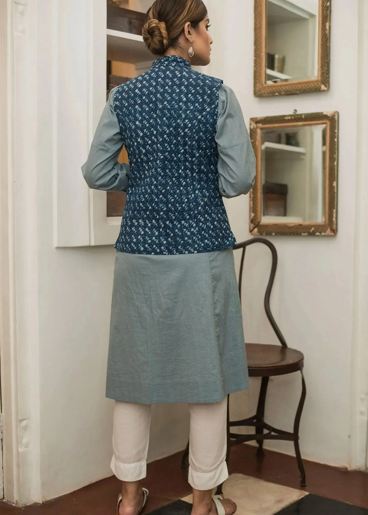 Jumping Indigo Cotton Quilted Reversible Sleeveless Jacket