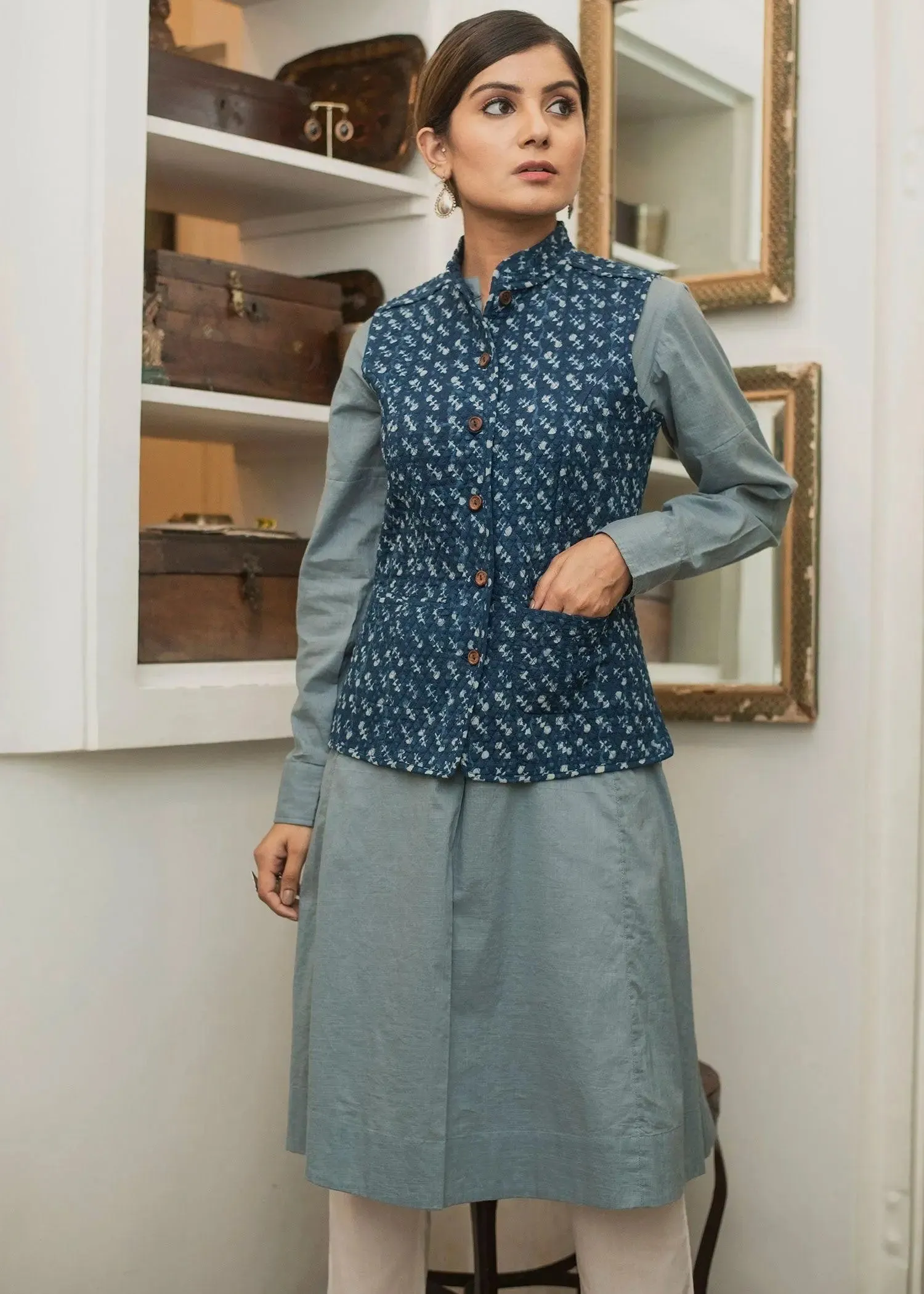 Jumping Indigo Cotton Quilted Reversible Sleeveless Jacket