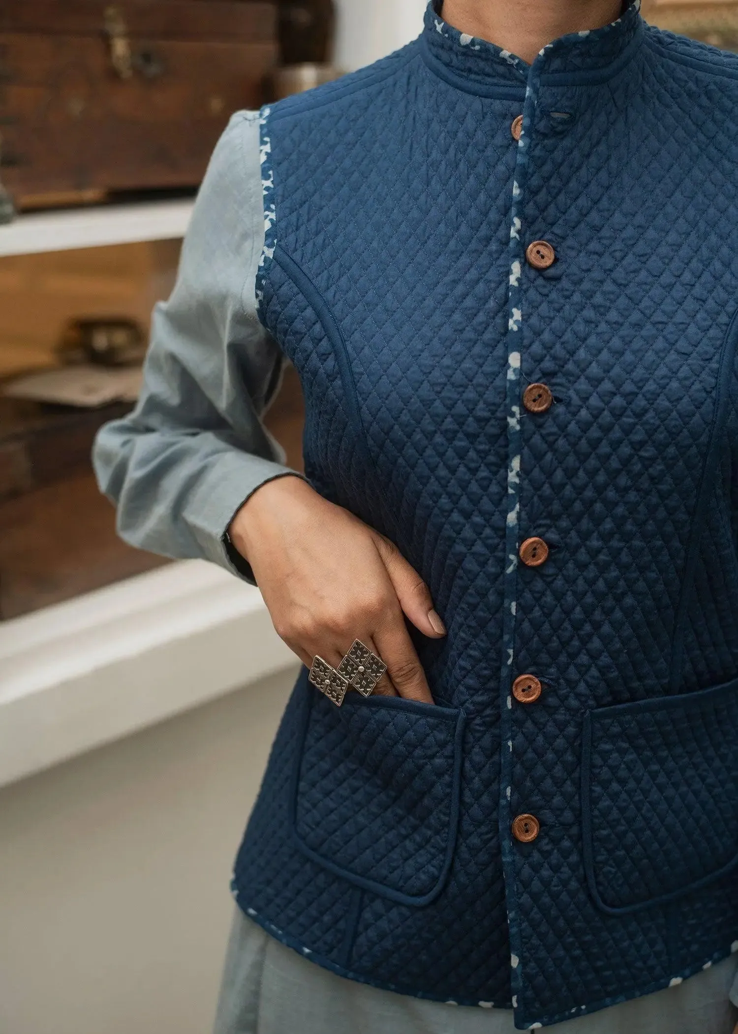 Jumping Indigo Cotton Quilted Reversible Sleeveless Jacket