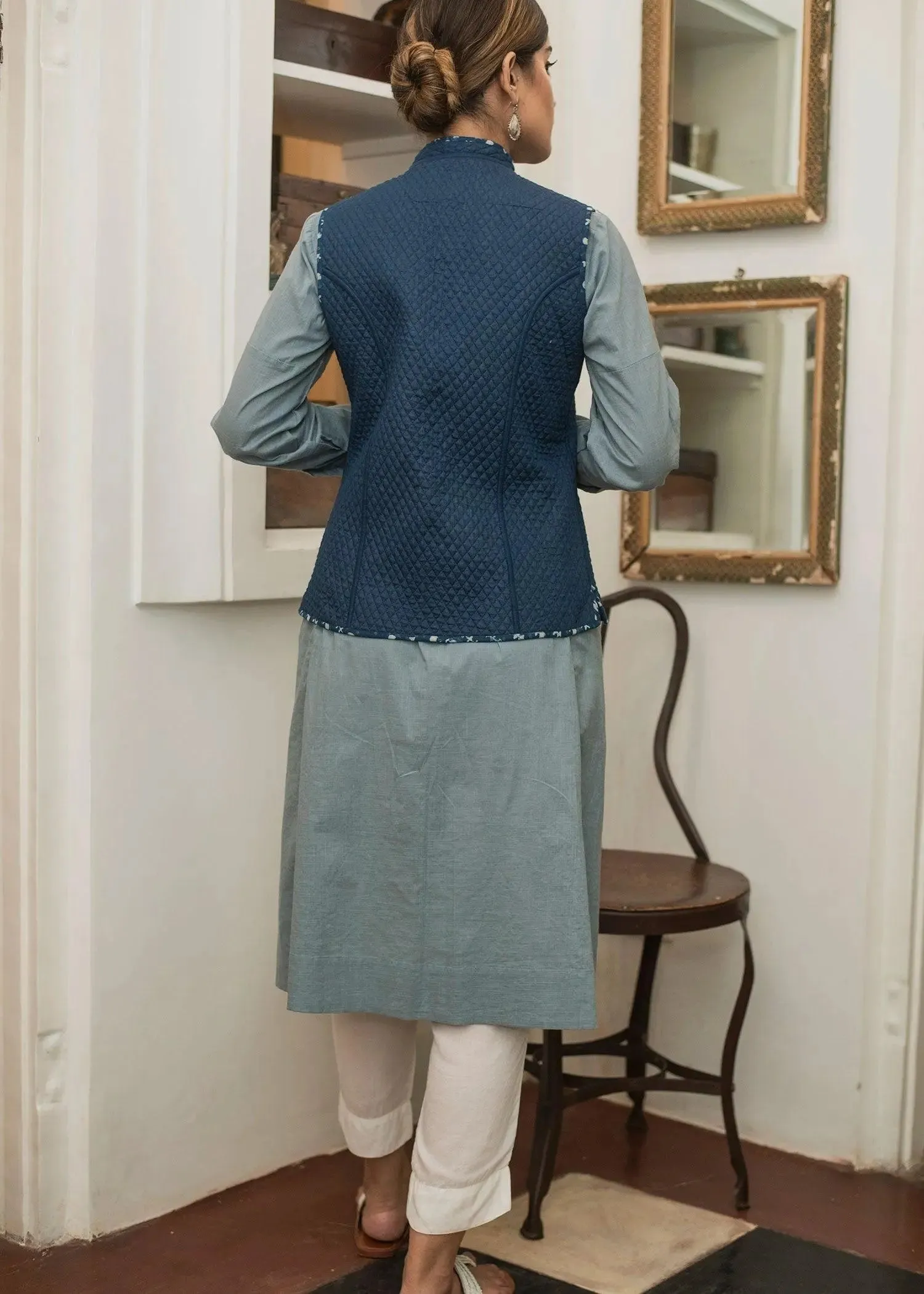 Jumping Indigo Cotton Quilted Reversible Sleeveless Jacket