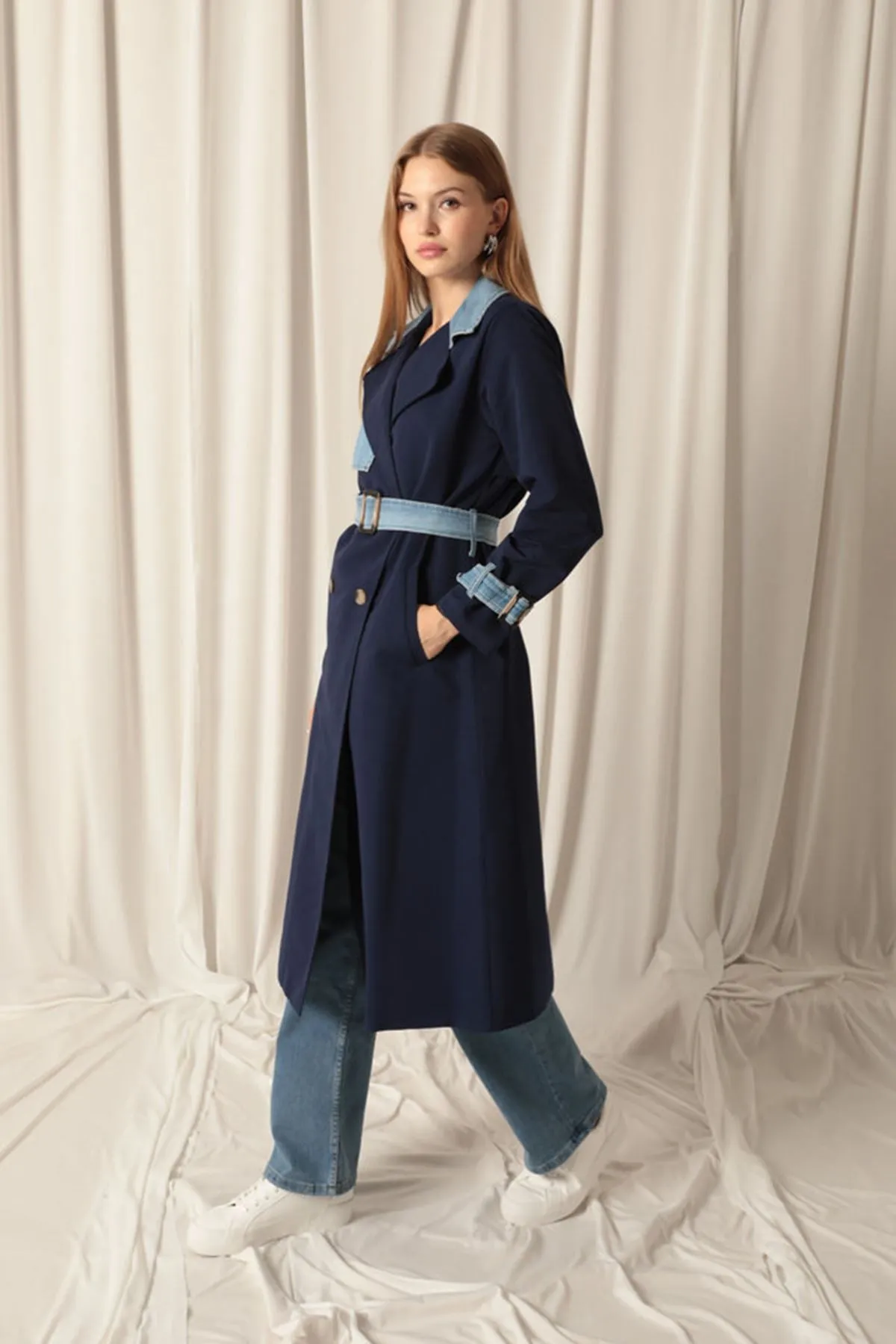 KKT Torino Fabric Women's Navy Blue Trench Coat - Taylor