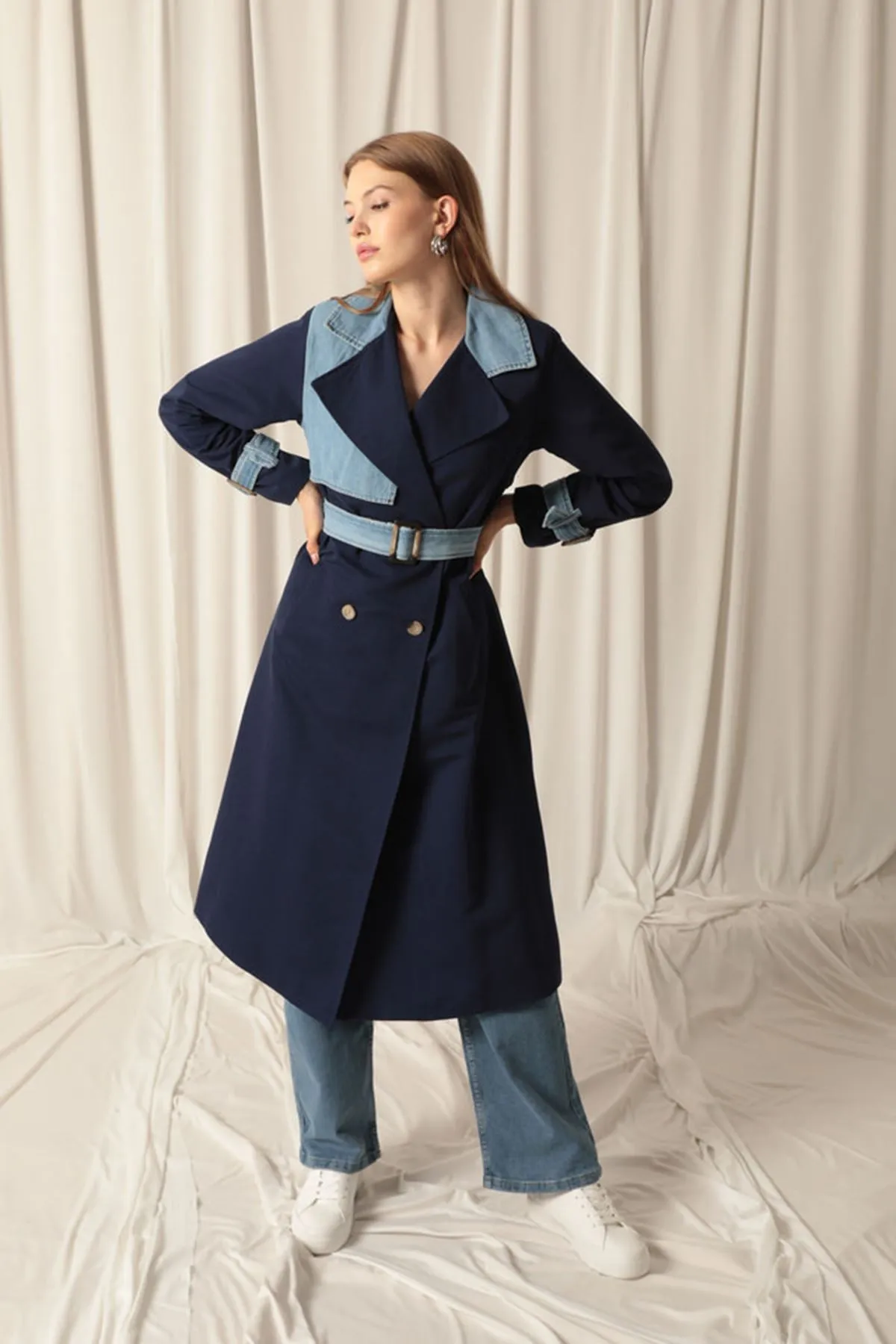 KKT Torino Fabric Women's Navy Blue Trench Coat - Taylor
