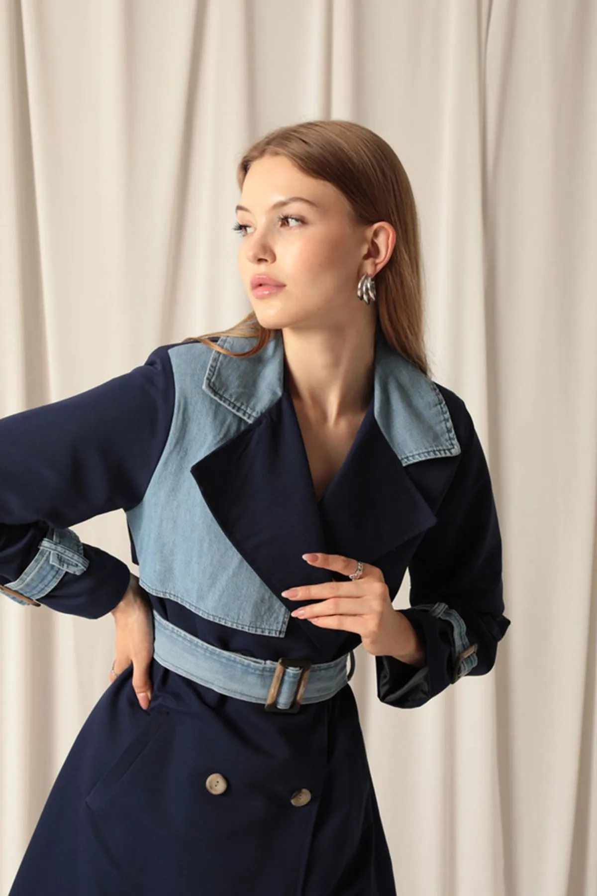 KKT Torino Fabric Women's Navy Blue Trench Coat - Taylor