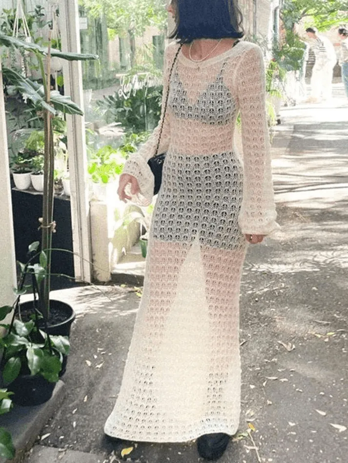LANFUBEISI - Crochet Hollow Backless Long Sleeve Cover Up Maxi Dress