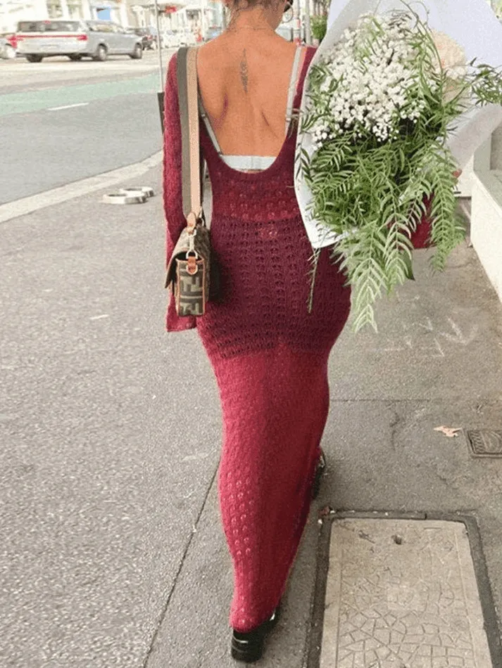 LANFUBEISI - Crochet Hollow Backless Long Sleeve Cover Up Maxi Dress
