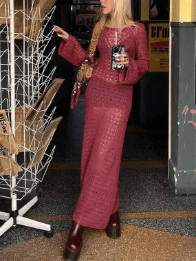 LANFUBEISI - Crochet Hollow Backless Long Sleeve Cover Up Maxi Dress