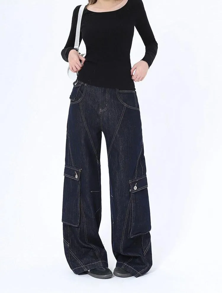 Lazy Oversized Pocket Stitched Detail Cargo Jeans