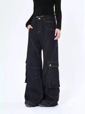 Lazy Oversized Pocket Stitched Detail Cargo Jeans