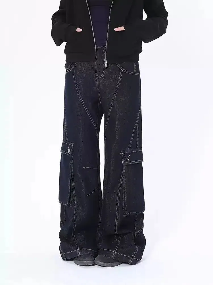 Lazy Oversized Pocket Stitched Detail Cargo Jeans