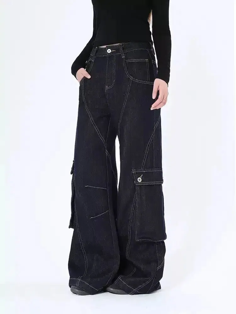 Lazy Oversized Pocket Stitched Detail Cargo Jeans