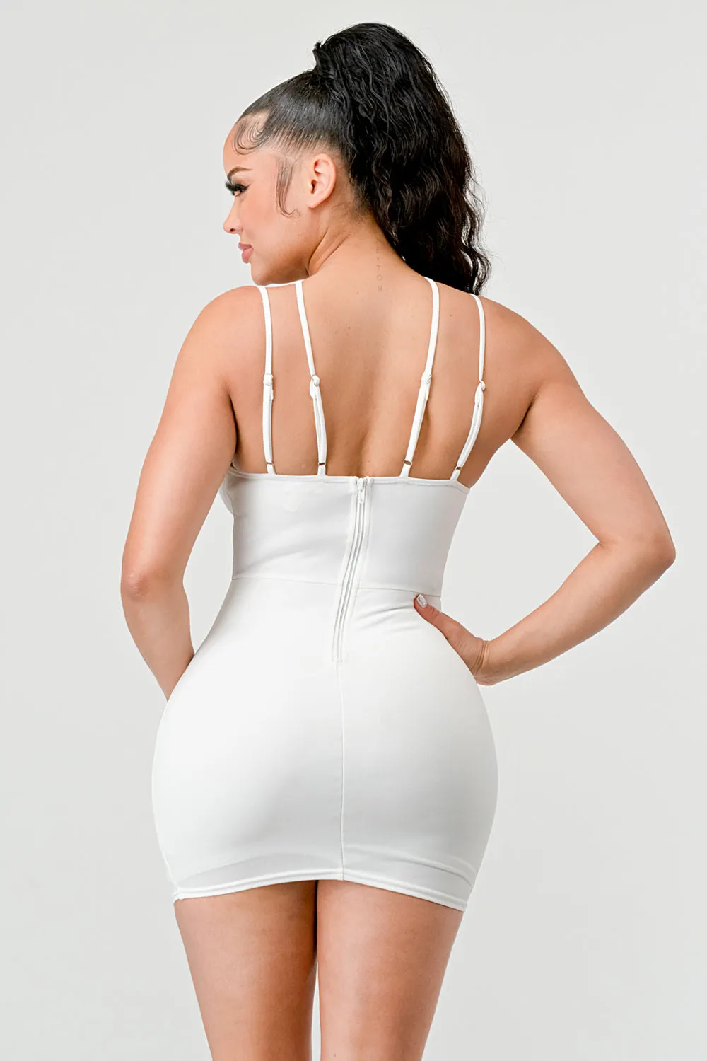 LUXE CREPE MESH CONTRAST DRAWSTRING MINI DRESS
