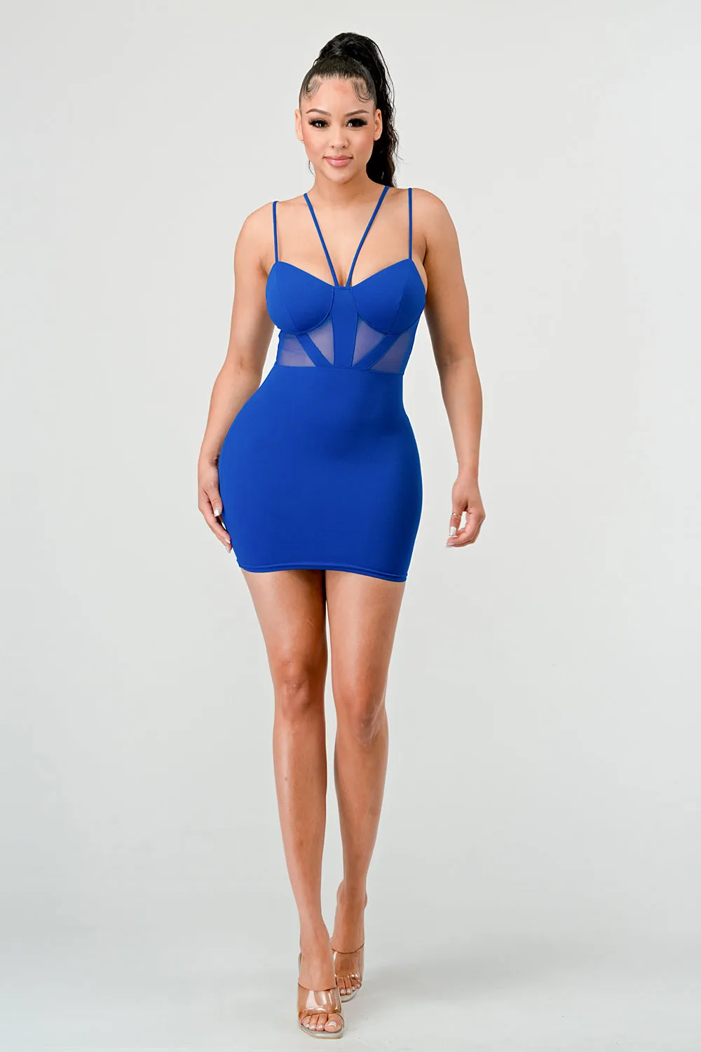 LUXE CREPE MESH CONTRAST DRAWSTRING MINI DRESS