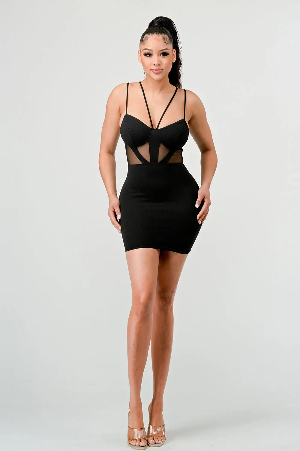 LUXE CREPE MESH CONTRAST DRAWSTRING MINI DRESS