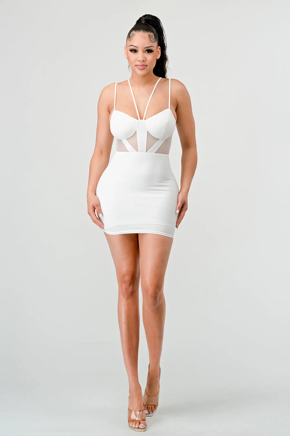LUXE CREPE MESH CONTRAST DRAWSTRING MINI DRESS
