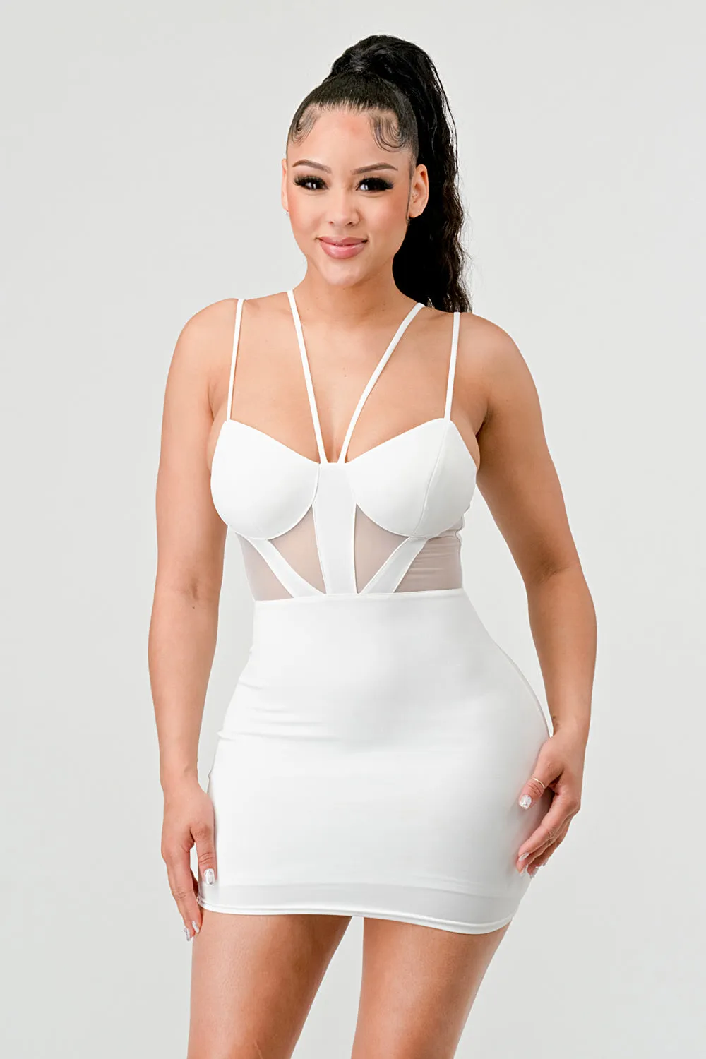 LUXE CREPE MESH CONTRAST DRAWSTRING MINI DRESS