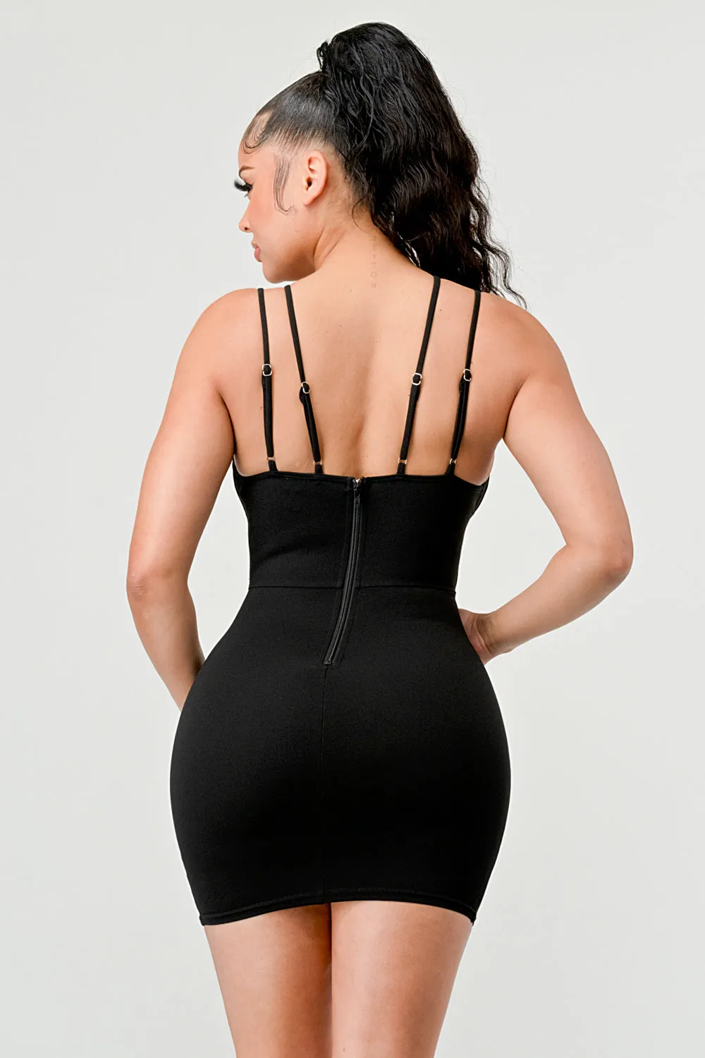 LUXE CREPE MESH CONTRAST DRAWSTRING MINI DRESS
