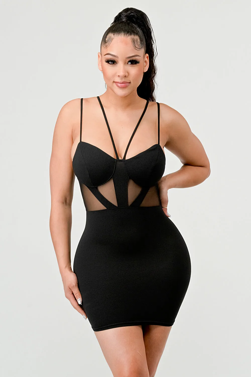 LUXE CREPE MESH CONTRAST DRAWSTRING MINI DRESS