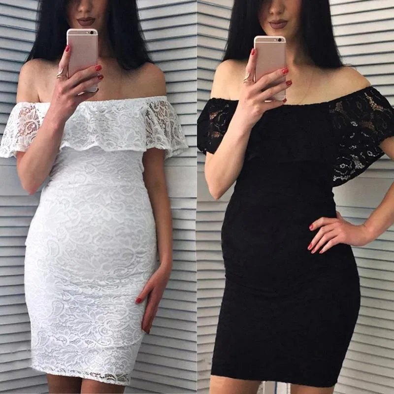 Maternity Plain Off Shoulder Lace Bodycon Dress