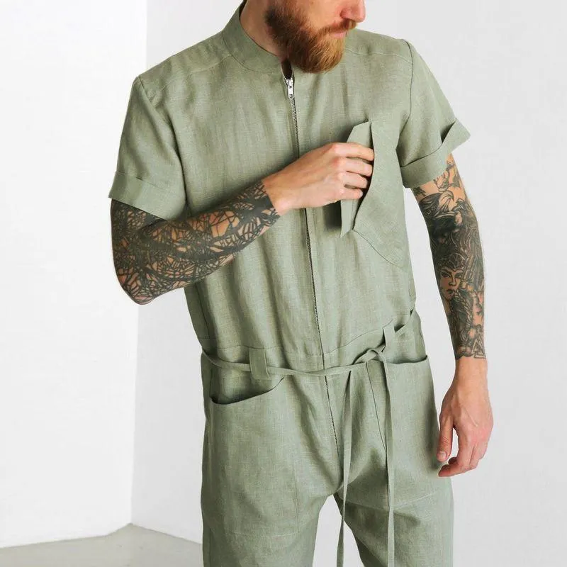 Men's Casual Solid Color Overalls Short-Sleeved Jumpsuit 11011571Y
