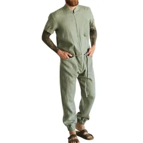 Men's Casual Solid Color Overalls Short-Sleeved Jumpsuit 11011571Y