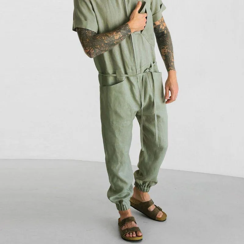Men's Casual Solid Color Overalls Short-Sleeved Jumpsuit 11011571Y