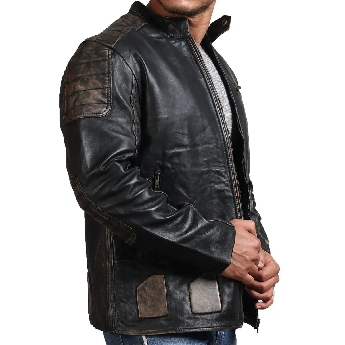 Men's Distressed Black Biker Leather Jacket with Multi-Pocket Design