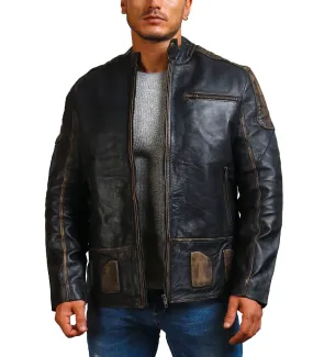 Men's Distressed Black Biker Leather Jacket with Multi-Pocket Design