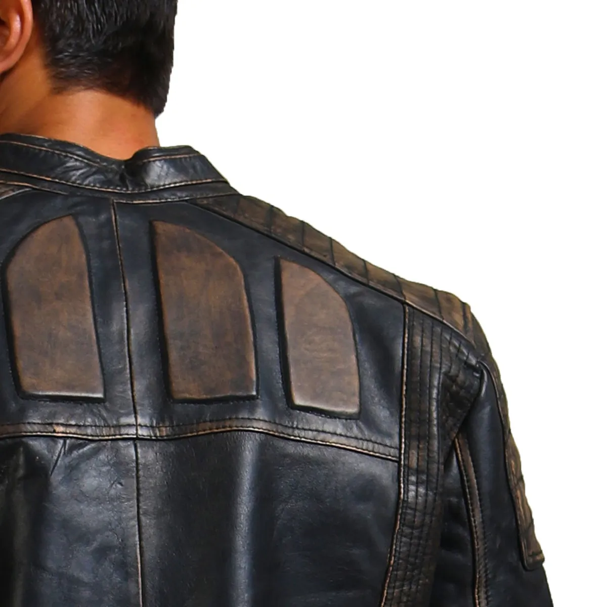 Men's Distressed Black Biker Leather Jacket with Multi-Pocket Design