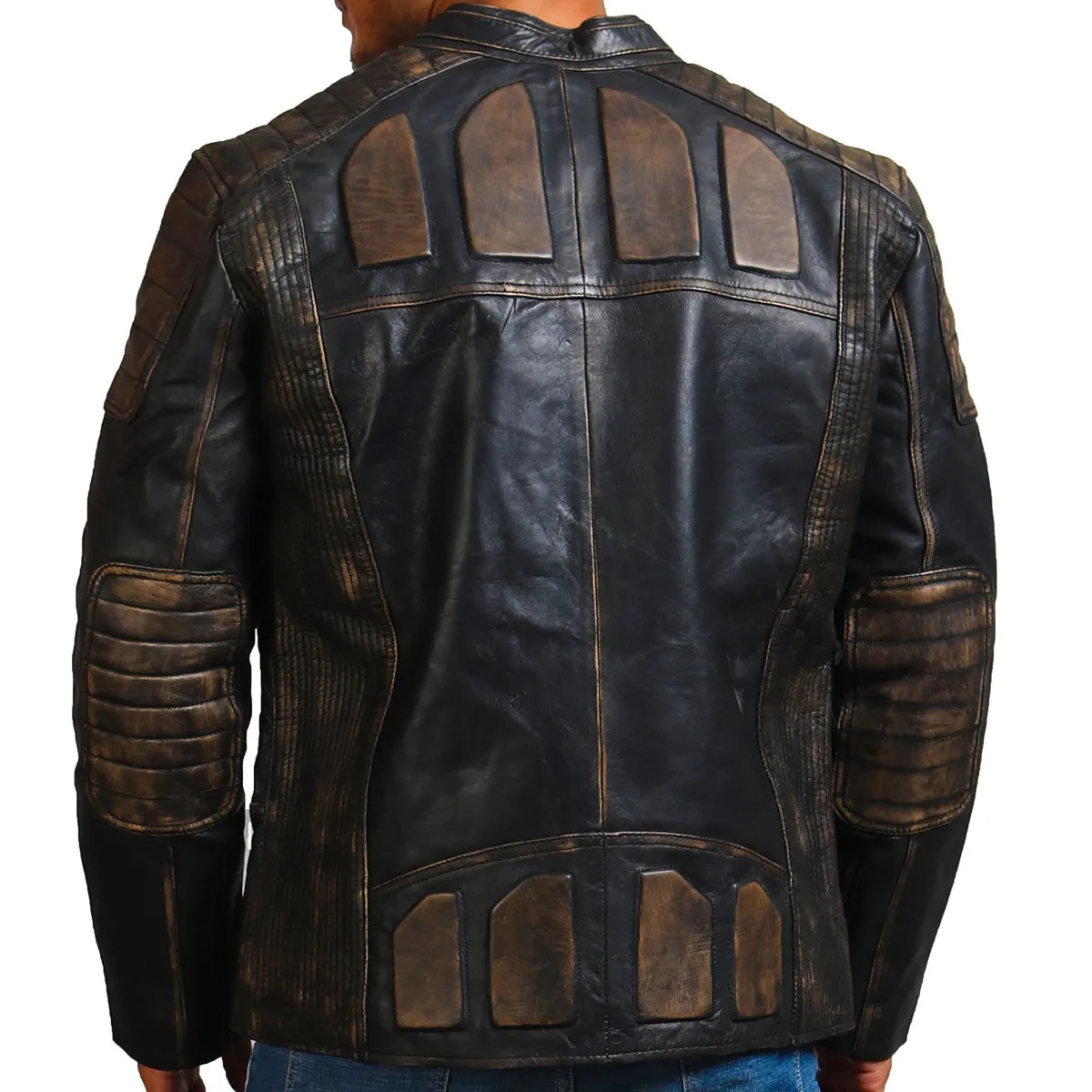 Men's Distressed Black Biker Leather Jacket with Multi-Pocket Design