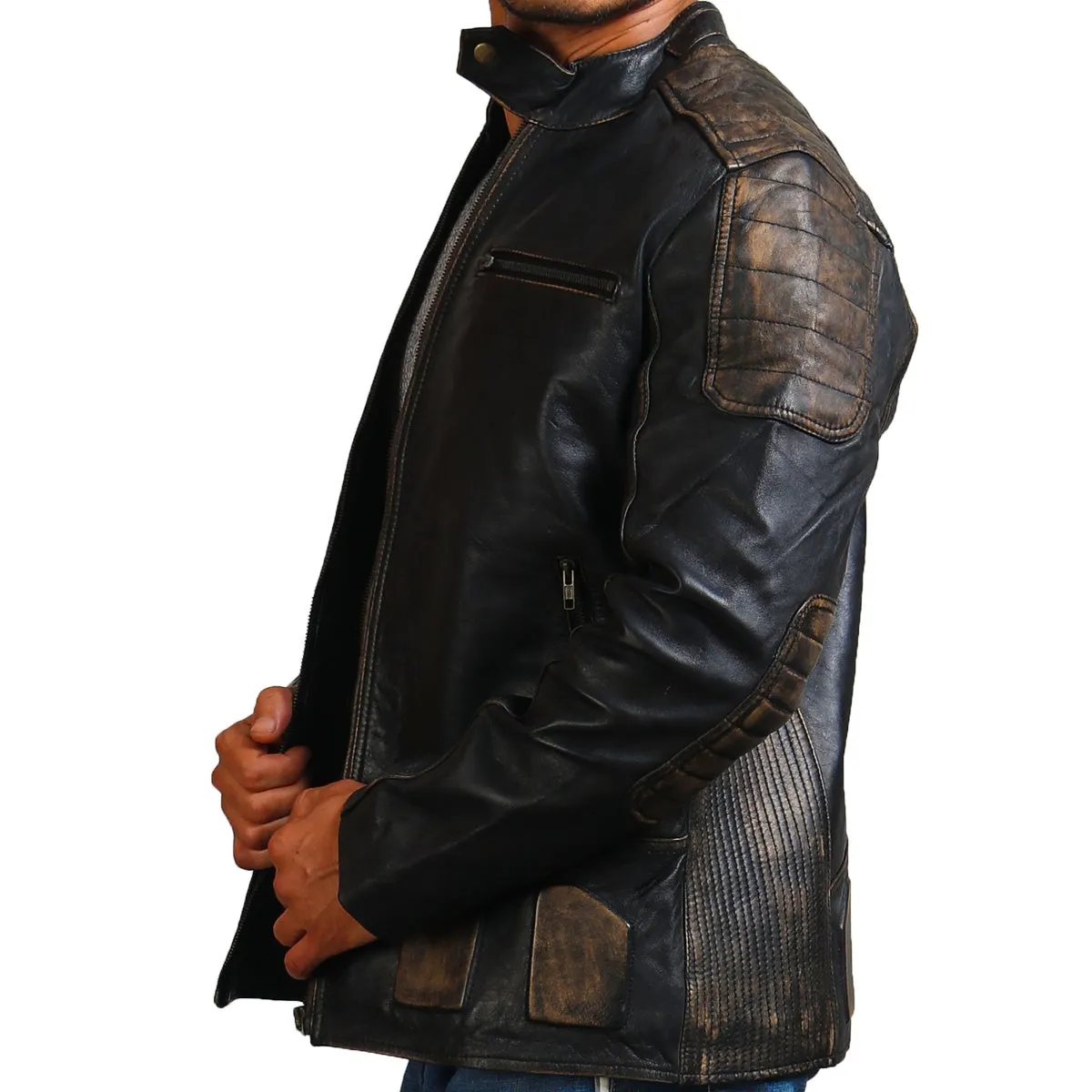 Men's Distressed Black Biker Leather Jacket with Multi-Pocket Design