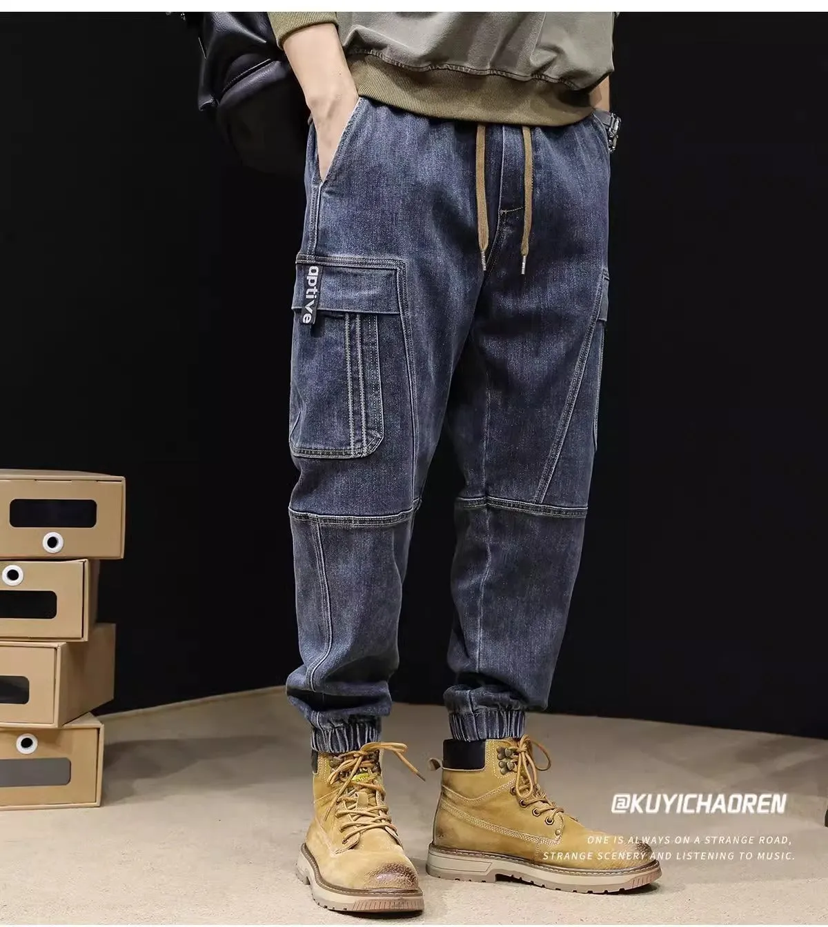 Men's Loose Elastic Waist cargo Jeans pants