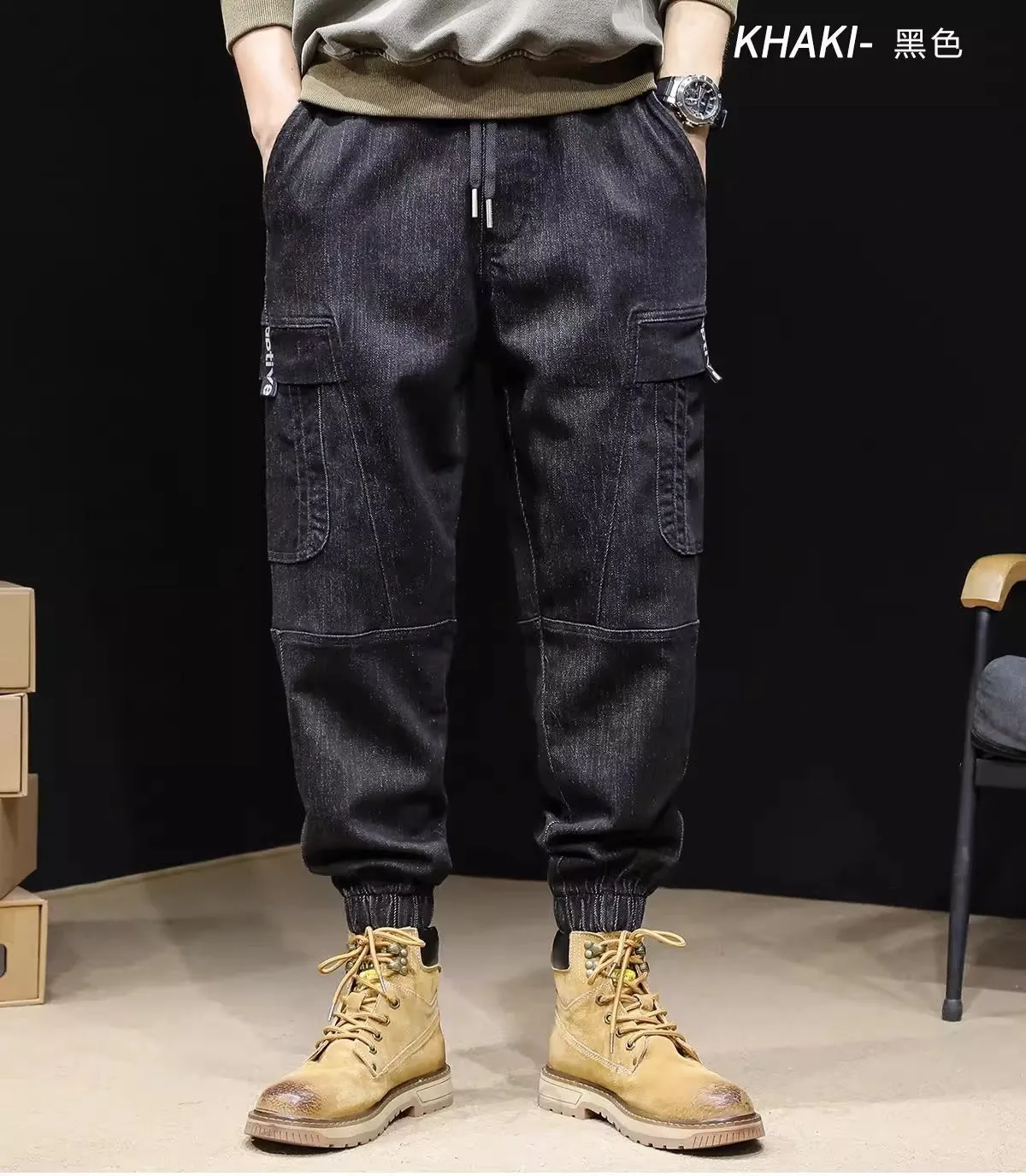 Men's Loose Elastic Waist cargo Jeans pants