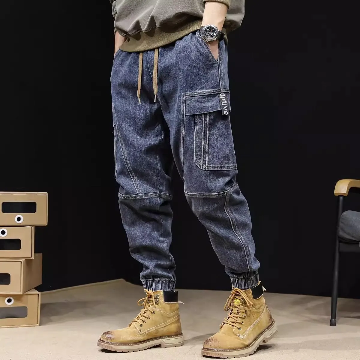 Men's Loose Elastic Waist cargo Jeans pants