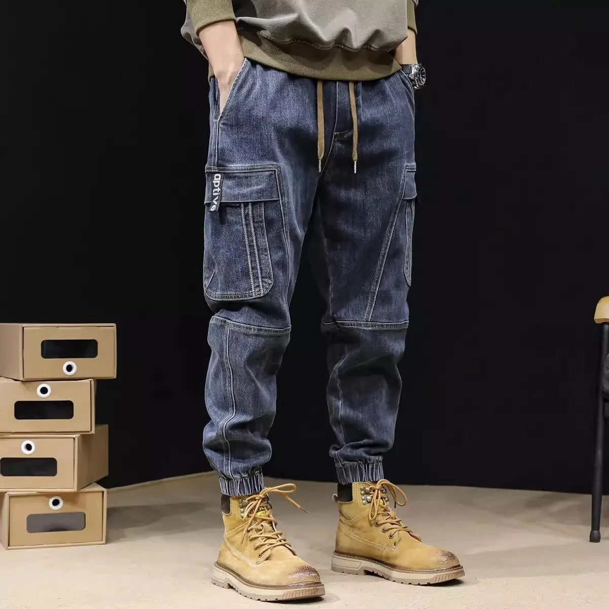 Men's Loose Elastic Waist cargo Jeans pants