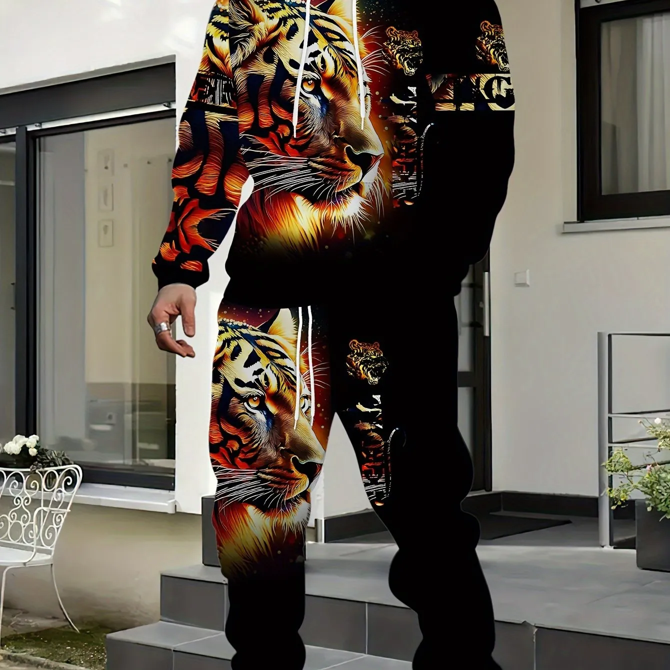 Men's Tiger Print Hoodie & Joggers Set - Casual Polyester Outfit for Spring/Fall, Machine Washable -  Stylish & Comfortable - For Men - Perfect for Loungewear & Casual Outings - Great Gift for Teenagers & Young Adults