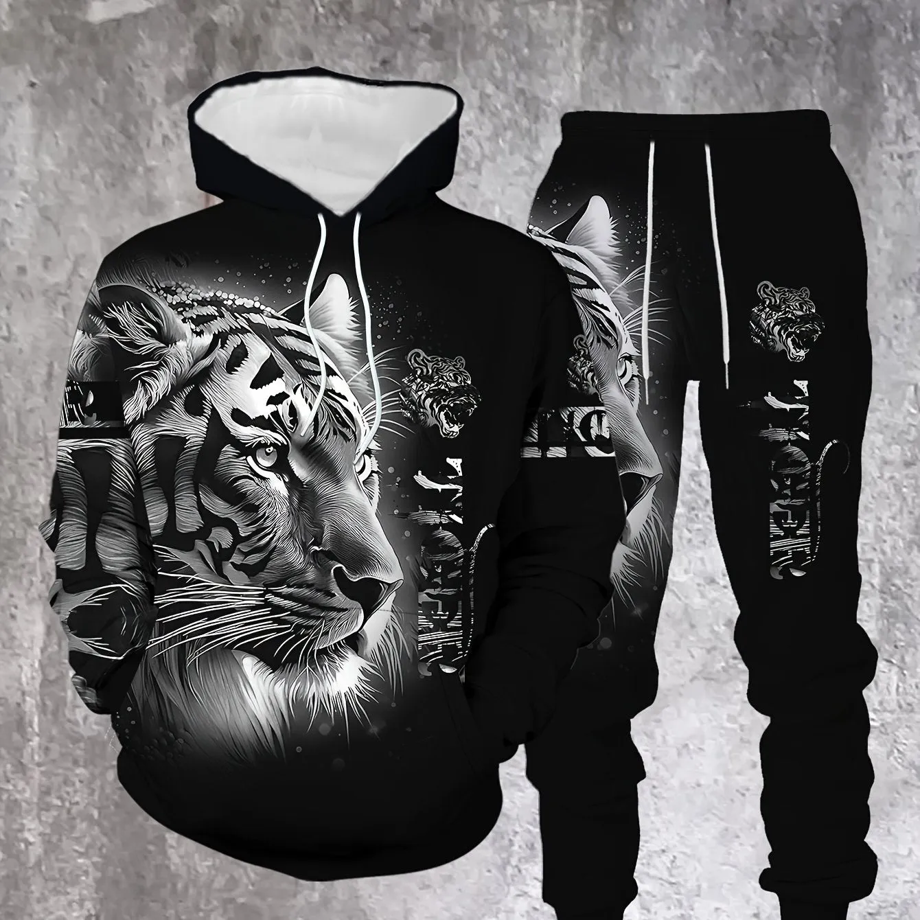 Men's Tiger Print Hoodie & Joggers Set - Casual Polyester Outfit for Spring/Fall, Machine Washable -  Stylish & Comfortable - For Men - Perfect for Loungewear & Casual Outings - Great Gift for Teenagers & Young Adults